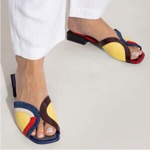 Tory Burch Marquetry Sculptural Color Block Leather + Suede Slide Sandals Sz 6
